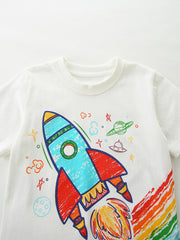 White cotton crew neck t-shirt with a colorful rocket ship and space graphic.