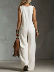 White wide-leg jumpsuit with pockets, sleeveless, round neck, back view