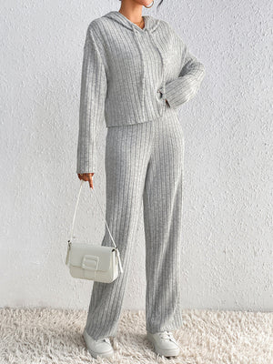 Light gray ribbed knit cropped hoodie and wide leg pants set with drawstring hood