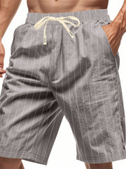 Gray and white striped chino shorts with drawstring waist and pockets.
