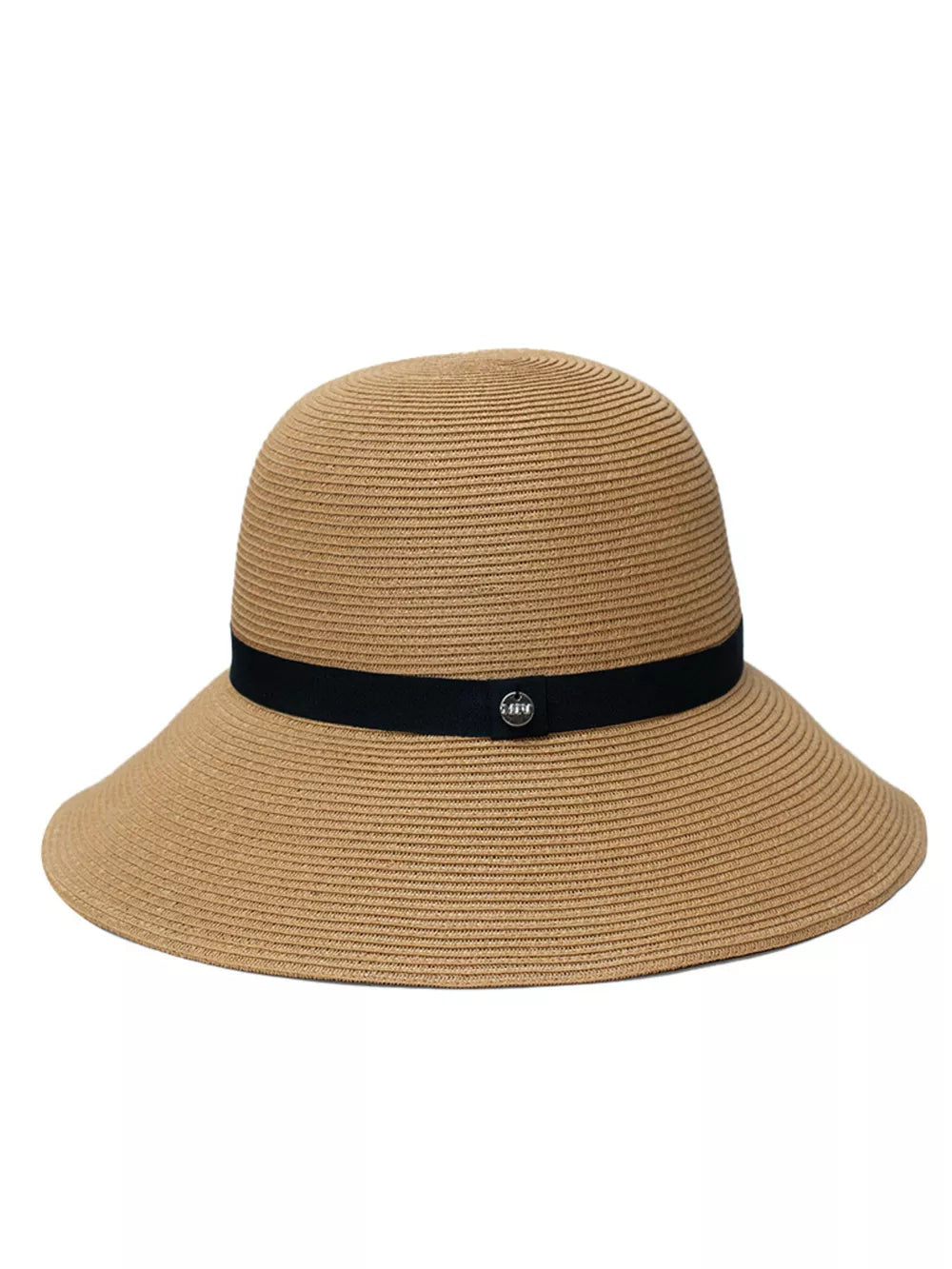 Charming straw sun hat in khaki with elegant black ribbon detail and silver emblem.