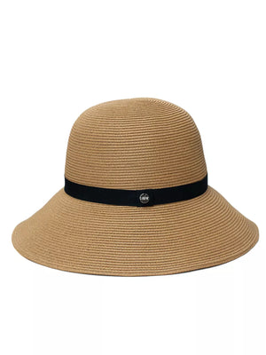 Charming straw sun hat in khaki with elegant black ribbon detail and silver emblem.