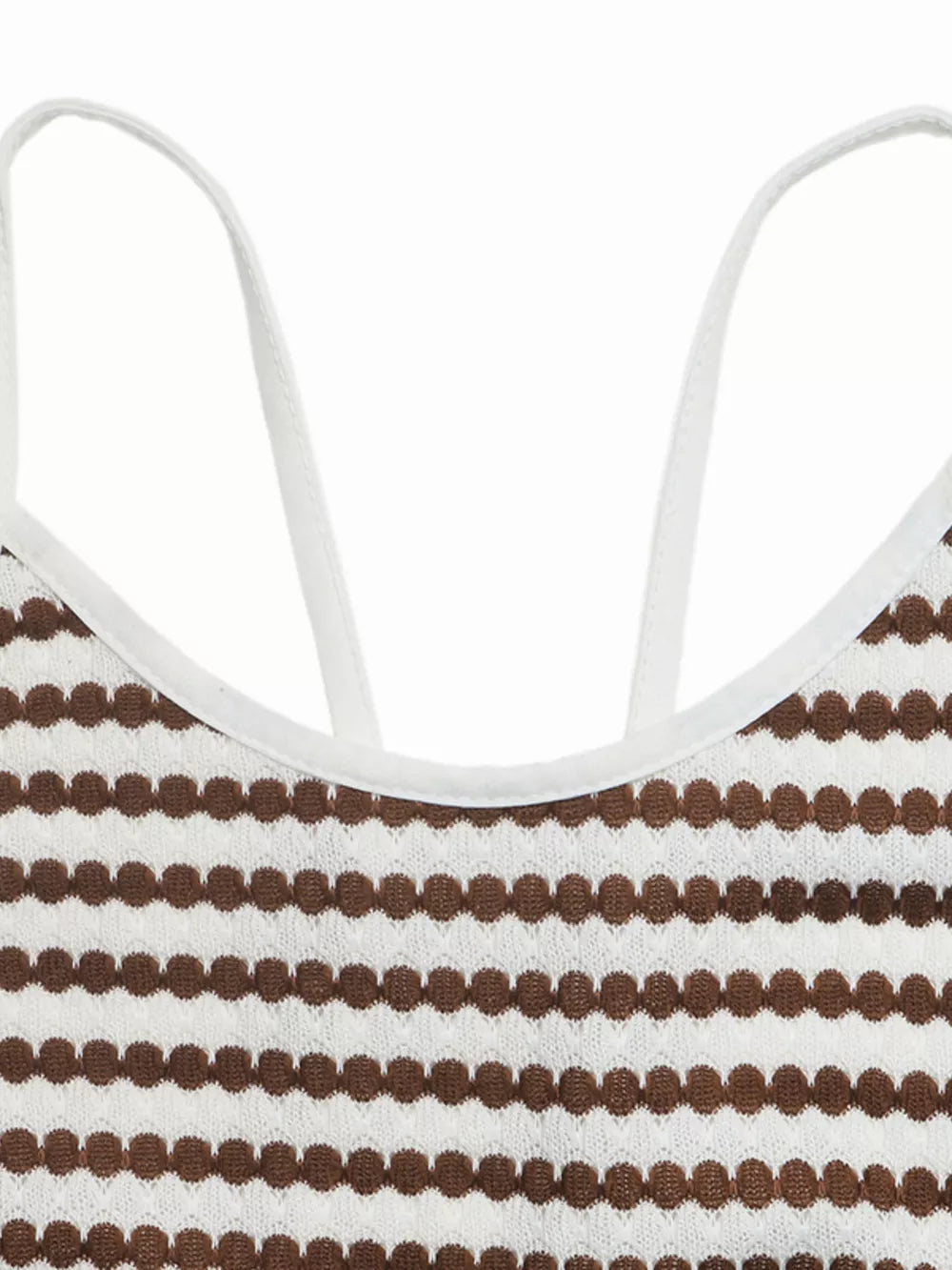 Halter neck midi dress with brown and white stripe pattern and textured detail.