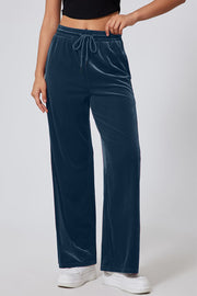Velvet palazzo lounge trousers in Deep Teal with drawstring waist and wide leg