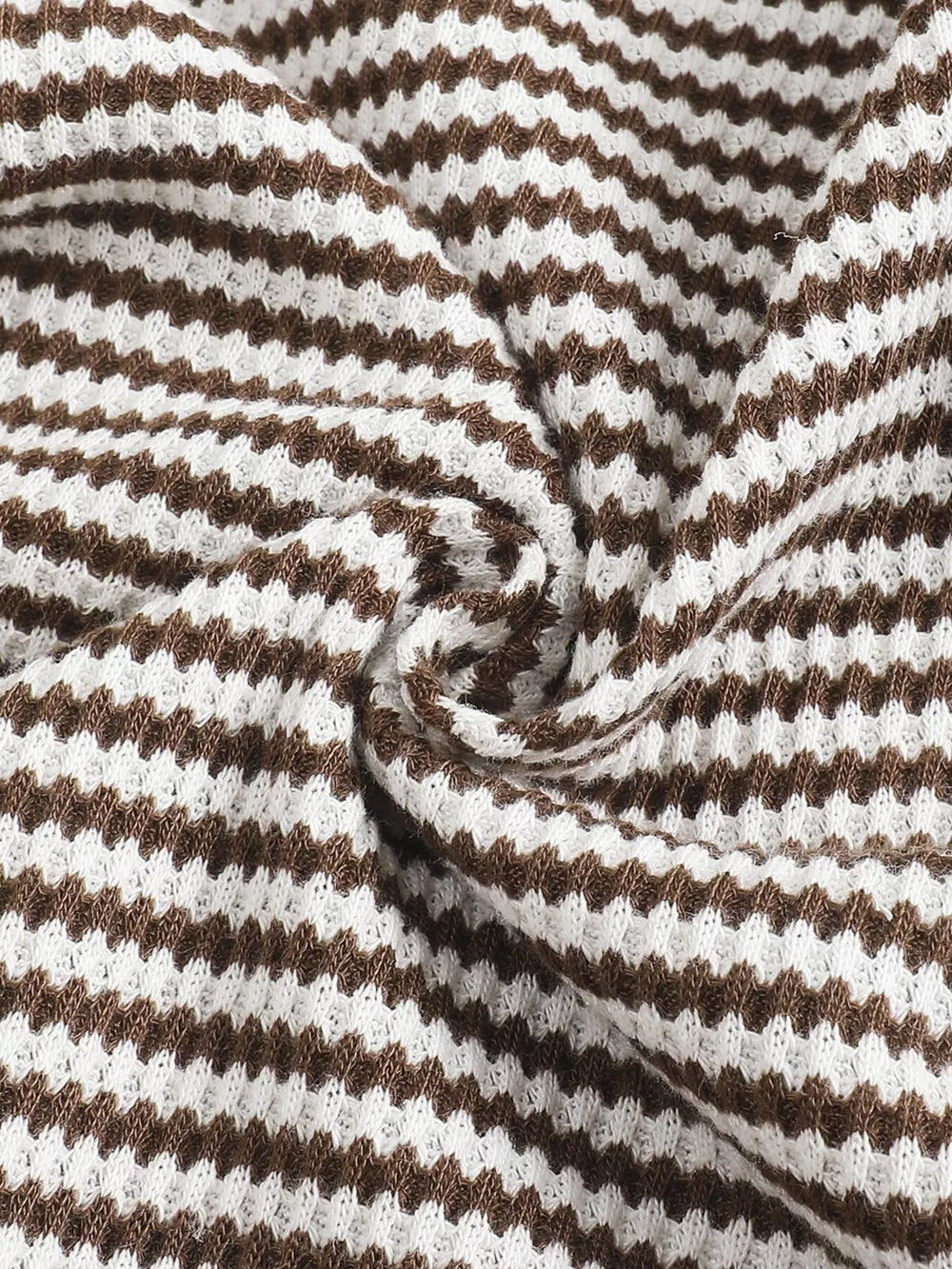 Baby waffle knit set with brown and white horizontal stripes.