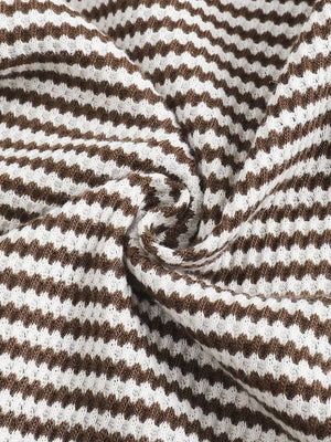 Baby waffle knit set with brown and white horizontal stripes.