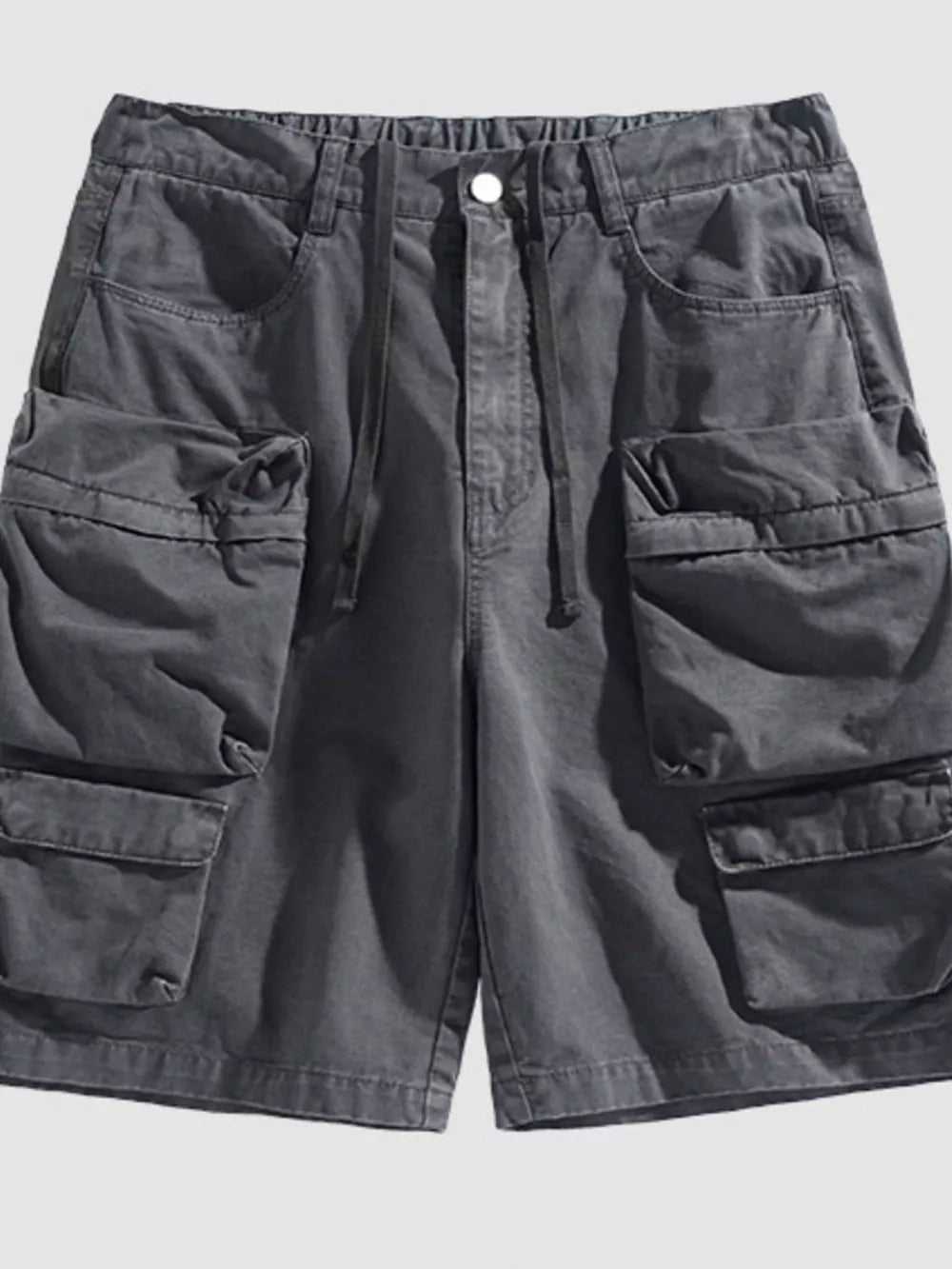 Grey multi-pocket cargo shorts with drawstring waist and button closure.
