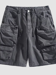 Grey multi-pocket cargo shorts with drawstring waist and button closure.