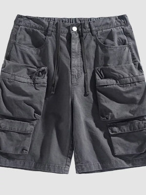 Grey multi-pocket cargo shorts with drawstring waist and button closure.