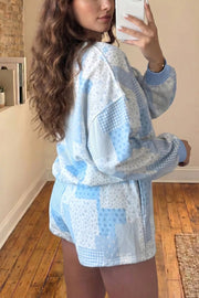 Patchwork Floral Print Stand Neck Two-piece Set in Light Blue, side view