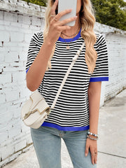 Striped knit tee with blue trim and short sleeves.