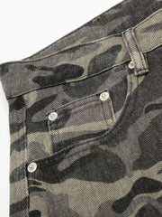 Men's cotton cargo pants in urban camouflage pattern with silver button details.