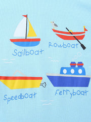 Light blue cotton t-shirt with a whimsical cartoon boat print featuring a sailboat, rowboat, speedboat, and ferryboat.