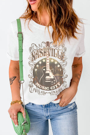 White graphic tee with Nashville Music City guitar design