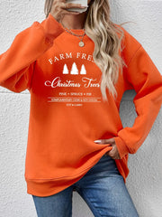 Orange graphic sweatshirt with "Farm Fresh Christmas Trees" print, crewneck, long sleeves.