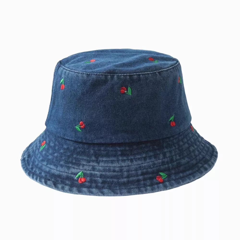 Cherry Embroidered Cotton Bucket Hat