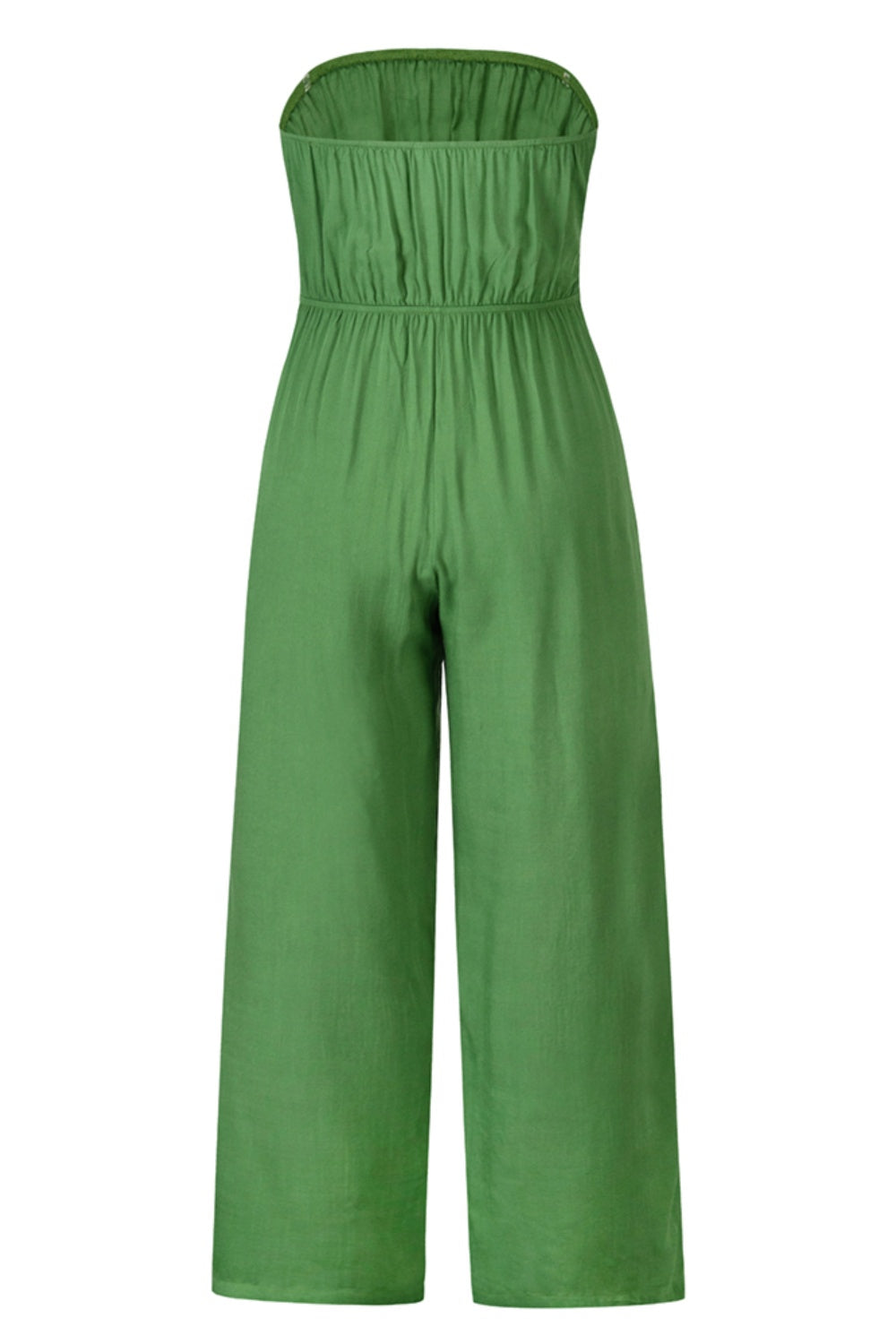 Green bandeau jumpsuit with wide legs and smocked waist detail