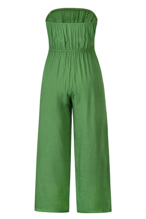 Green bandeau jumpsuit with wide legs and smocked waist detail
