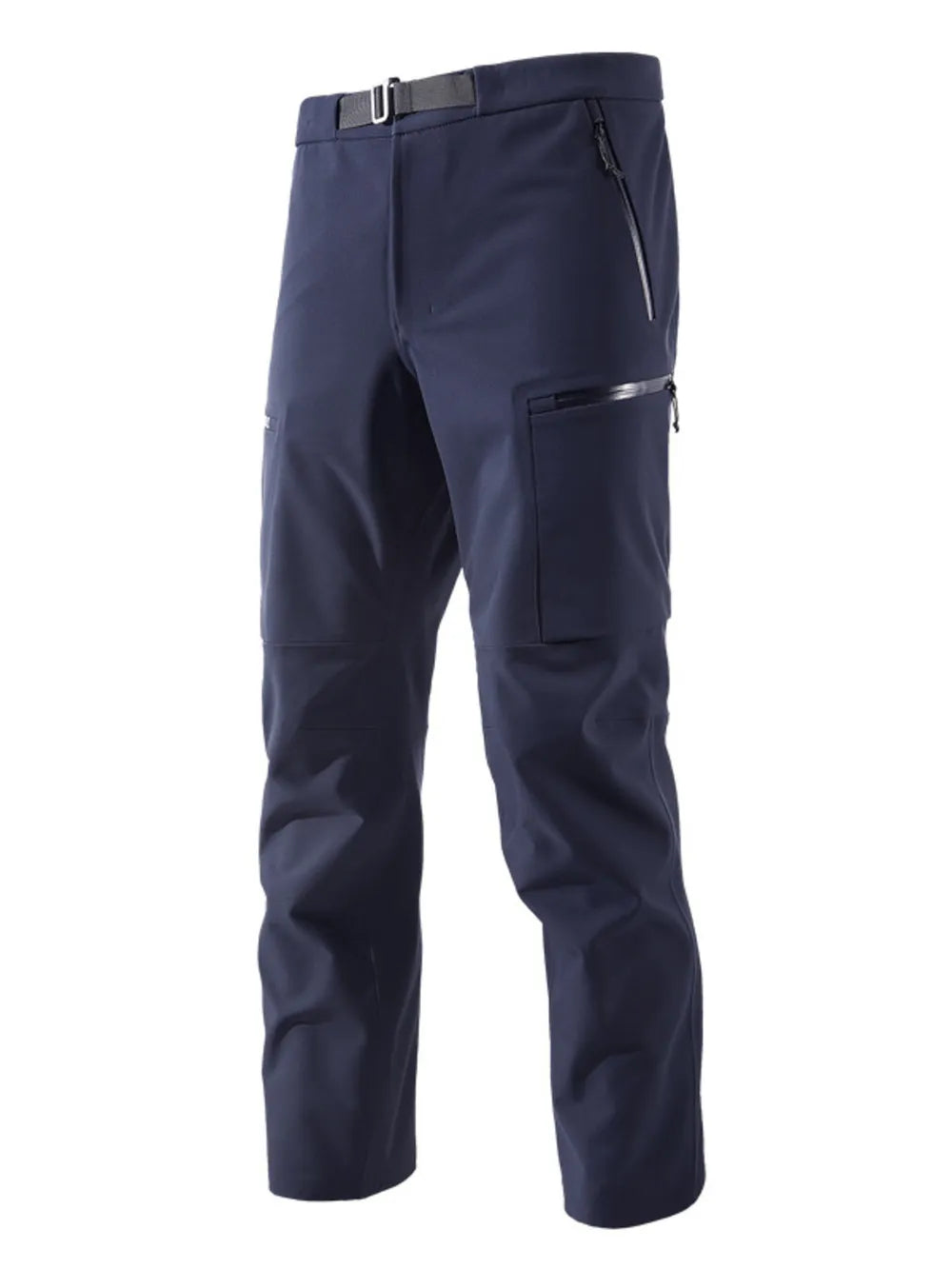 Dark blue cargo sweatpants with a quick-dry fabric and zippered pockets.
