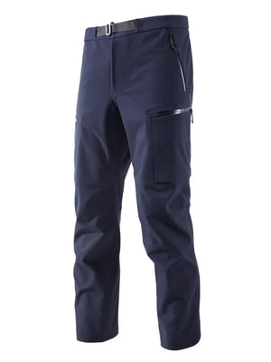Dark blue cargo sweatpants with a quick-dry fabric and zippered pockets.