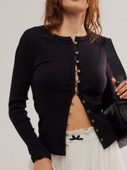 Black ribbed knit button-front slim fit top with hook-and-eye closures.