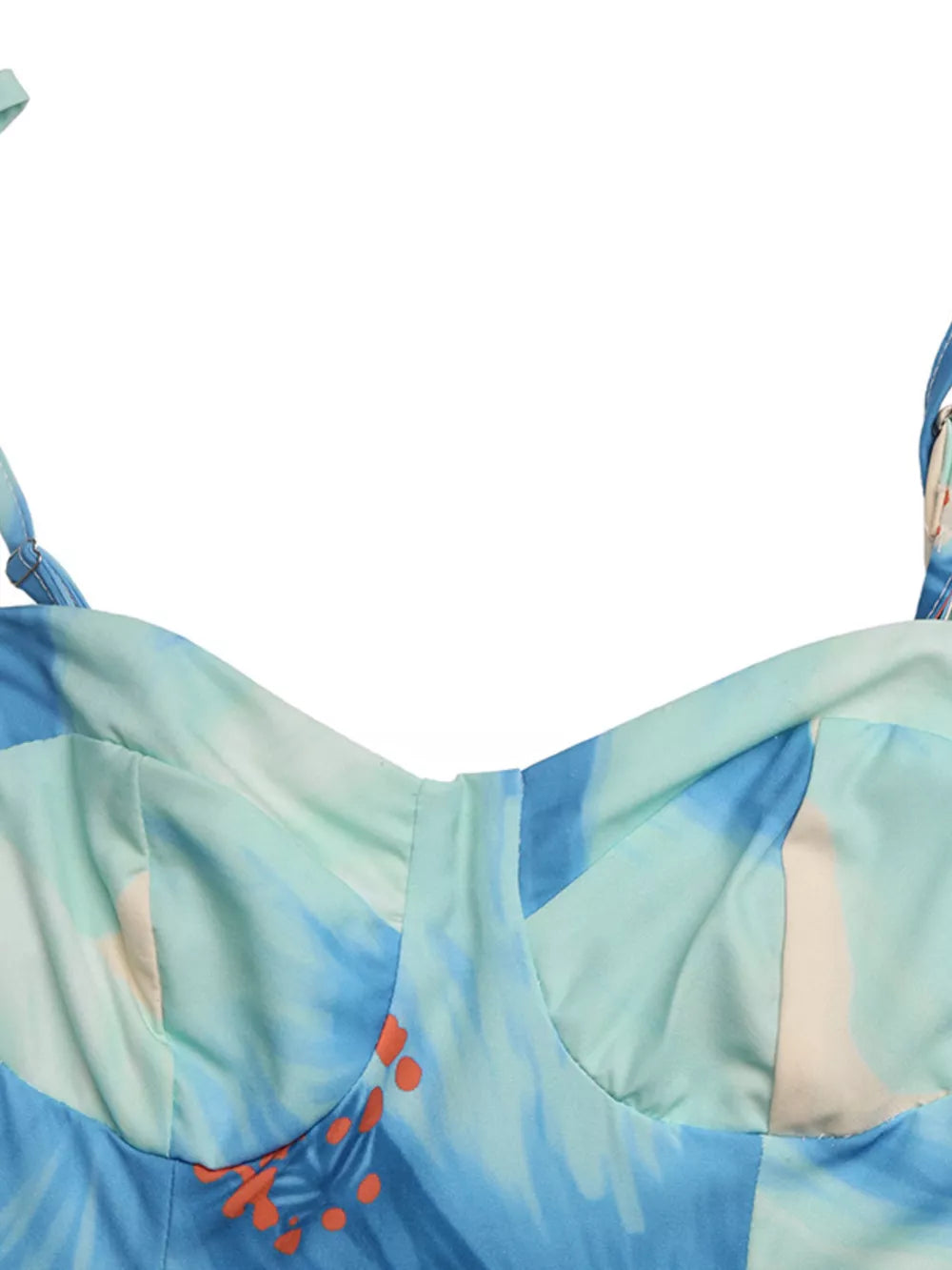 Floral sweetheart midi dress with spaghetti straps in aqua and blue tie-dye print.