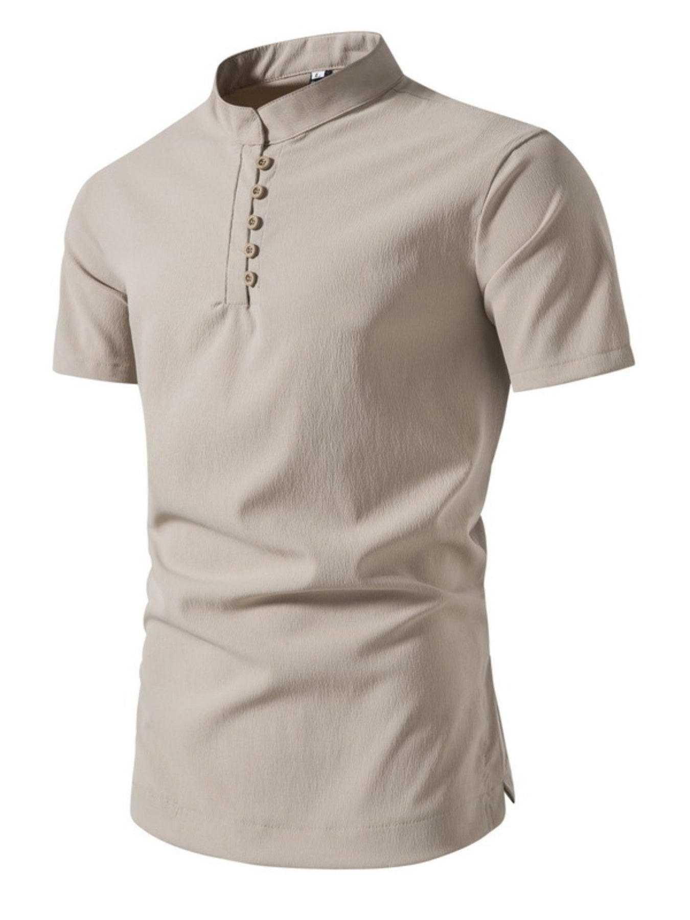 Khaki cotton band collar short sleeve shirt with button detail
