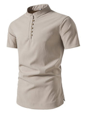 Khaki cotton band collar short sleeve shirt with button detail