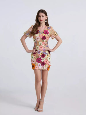 Embroidered floral mini dress in sheer nude with puff sleeves and V-neck, featuring colorful applique flowers.
