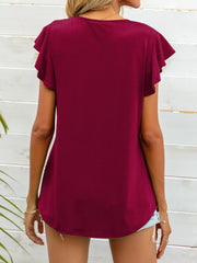 Deep Red ruffled sleeve A-line tee with a rounded hem.