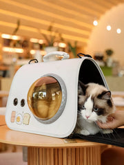White pet carrier bag with bubble window and charming food decals, comfortable design