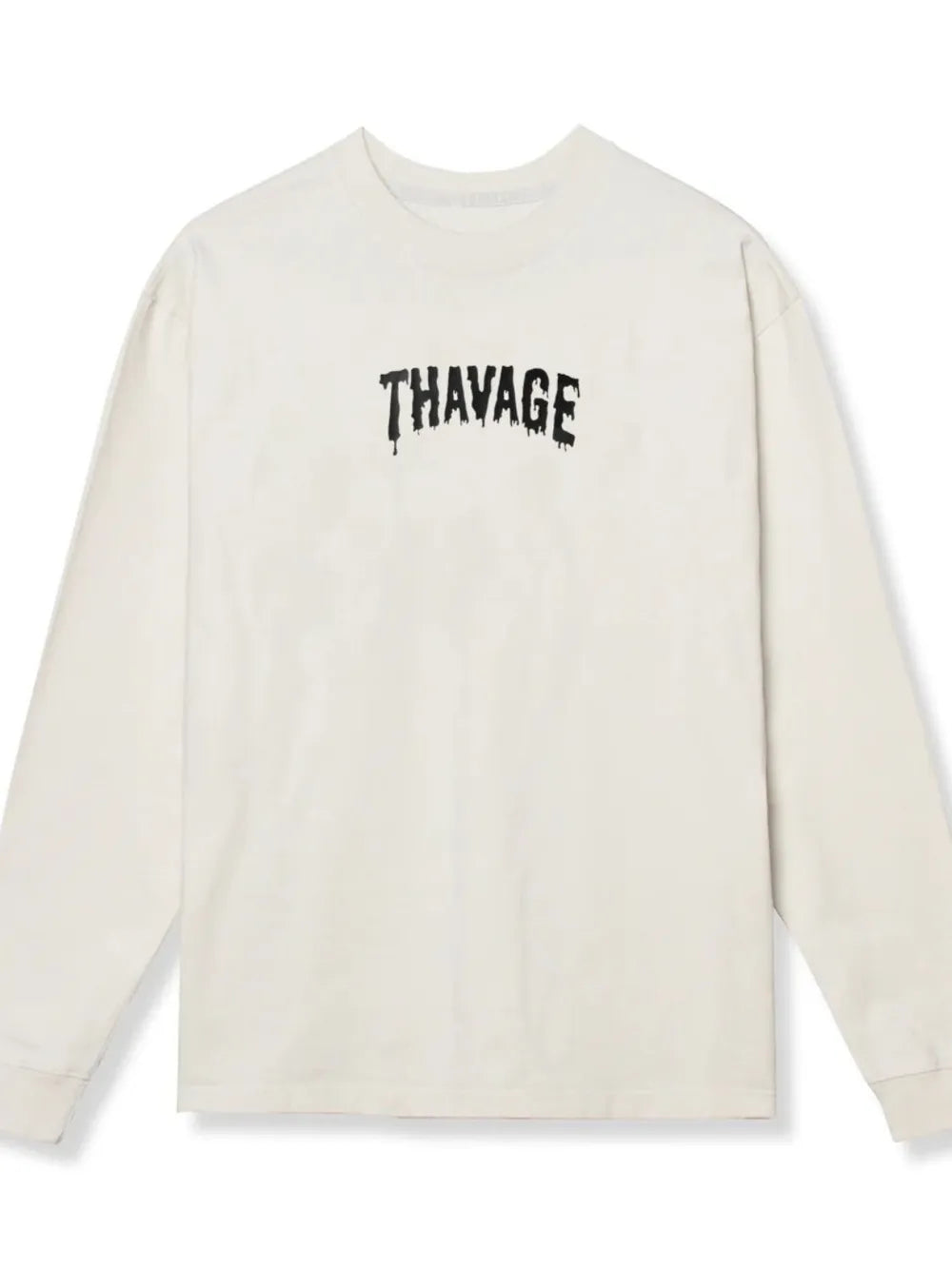 White long sleeve t-shirt with black dripped logo graphic on chest