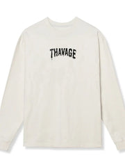 White long sleeve t-shirt with black dripped logo graphic on chest