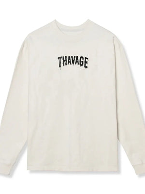White long sleeve t-shirt with black dripped logo graphic on chest