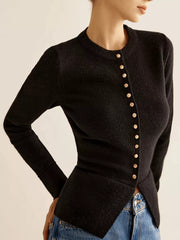 Black button-down slim fit cardigan with gold buttons and curved hem.