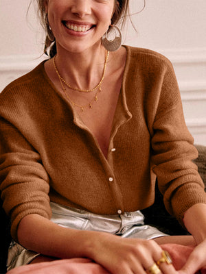 Caramel cashmere button cardigan with plunging neckline and ribbed texture.