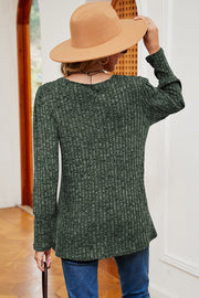 Dark green ribbed button-down top with asymmetric hem and long sleeves.