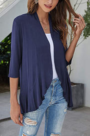 Navy blue cardigan with asymmetrical ruffle hem and 3/4 sleeves