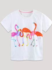 White cotton crew neck t-shirt with a playful multi-colored flamingo print.