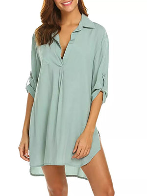 Light Green oversized collared shirt with roll-tab sleeves and a high-low hem