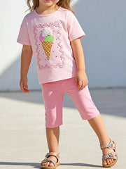 Pink cotton toddler capri set with ice cream graphic tee