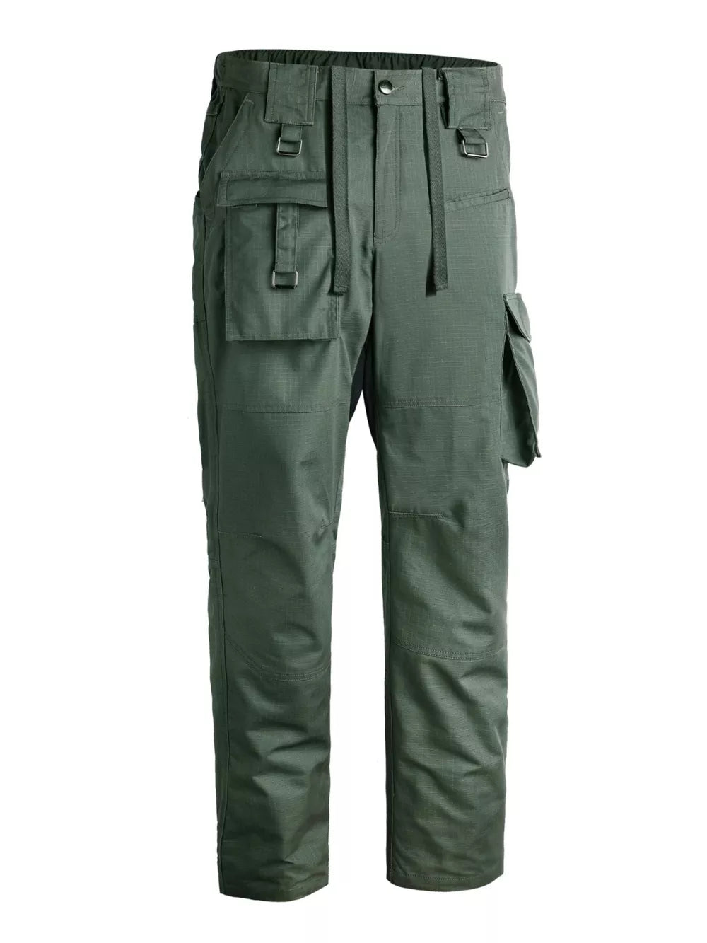 Men's green functional cargo pants with multiple pockets and strap details.