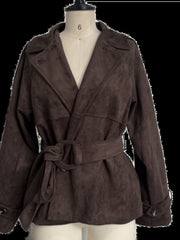 Brown belted trench coat with lapel collar and tie waist detail.