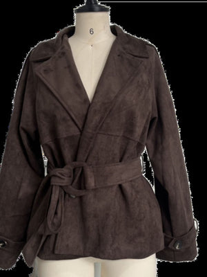 Brown belted trench coat with lapel collar and tie waist detail.
