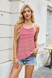 Red and white striped cami with contrast trim and a yellow neckline.