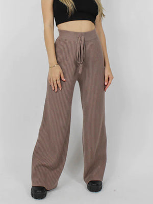 Luxe ribbed knit palazzo trousers in taupe with a drawstring waist and wide leg.