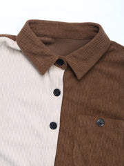 Colorblock corduroy shirt in coffee brown with asymmetrical paneling and button front.