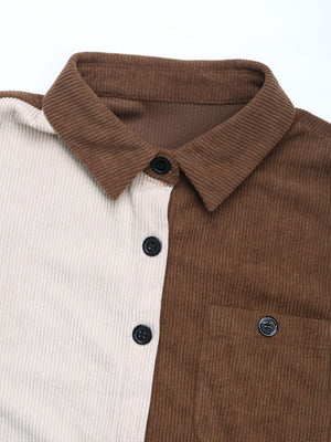 Colorblock corduroy shirt in coffee brown with asymmetrical paneling and button front.