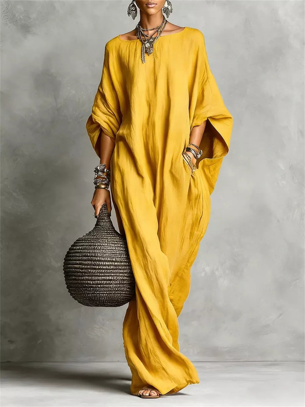 Loose Fit Boat Neck Maxi Dress in White, fabric detail