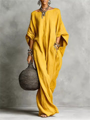 Loose Fit Boat Neck Maxi Dress in White, fabric detail